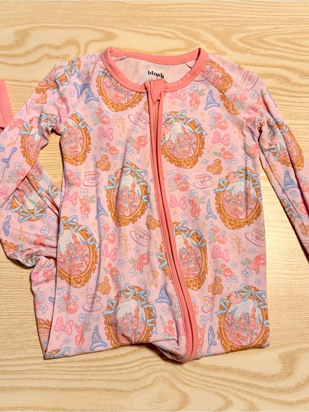 Blush Lotus Pink Disney Castle Bamboo Zippy with Coral Trim Size 18-24 months